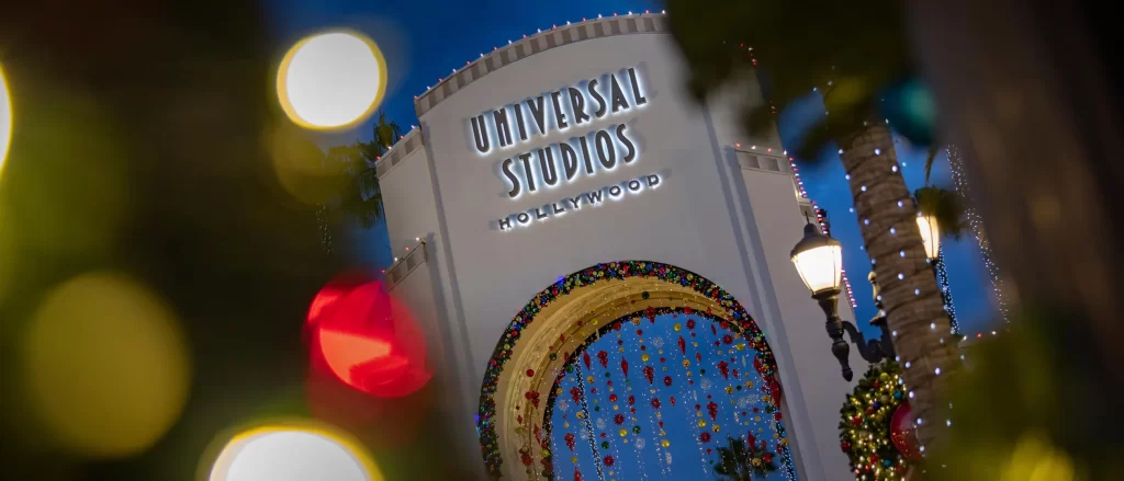 The Universal Studios Hollywood entrance arch decorated for the holidays